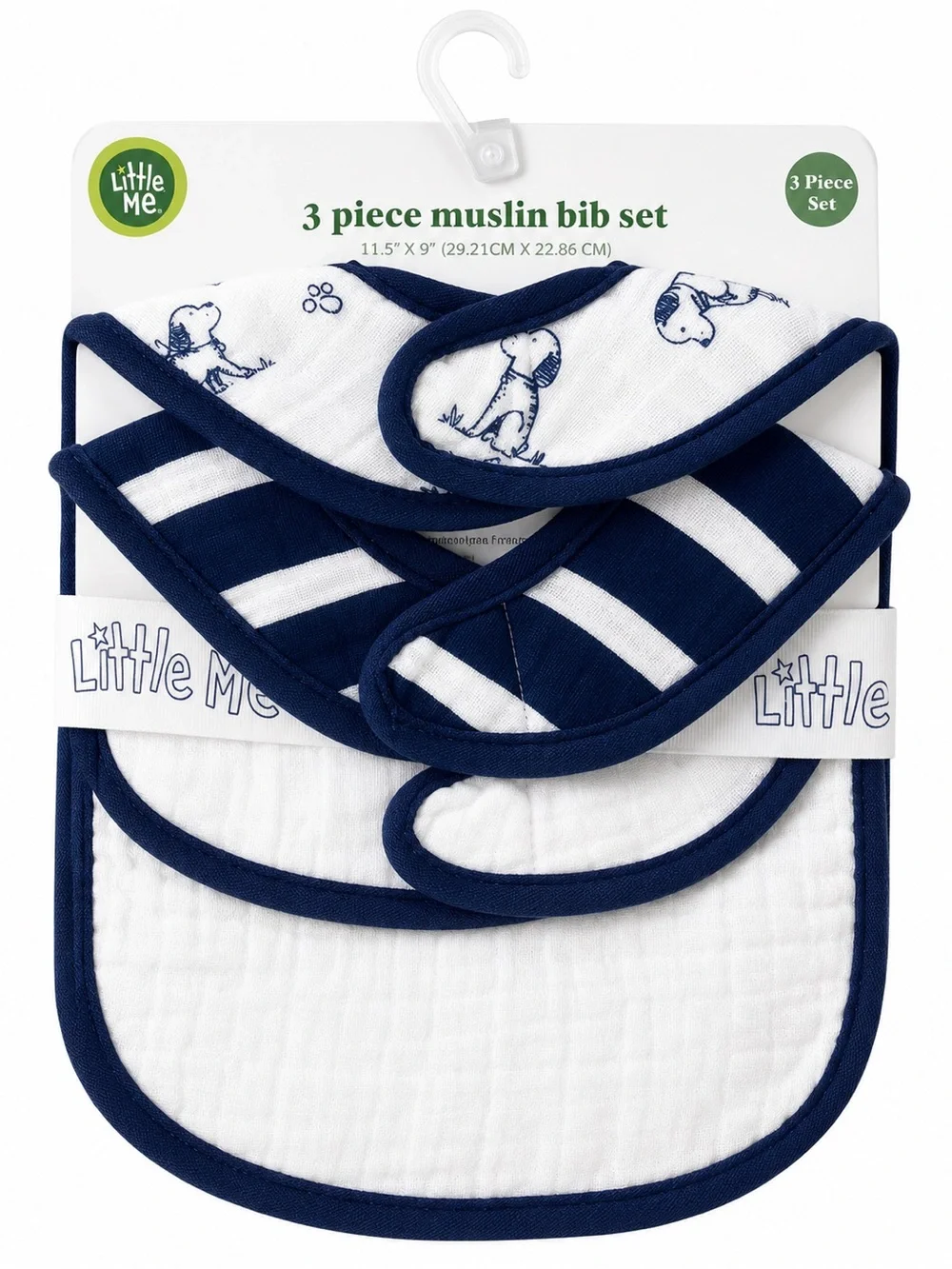Little Me White Muslin Bib Set with Navy Trim - 3 Pack